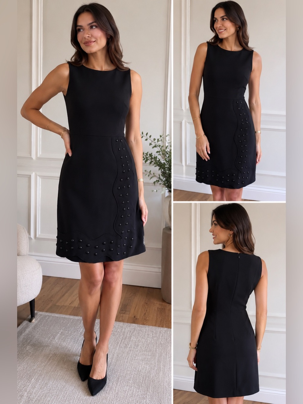 Ivanka Trump Black Studded Sheath Dress Scalloped Trim Sleeveless Size 6